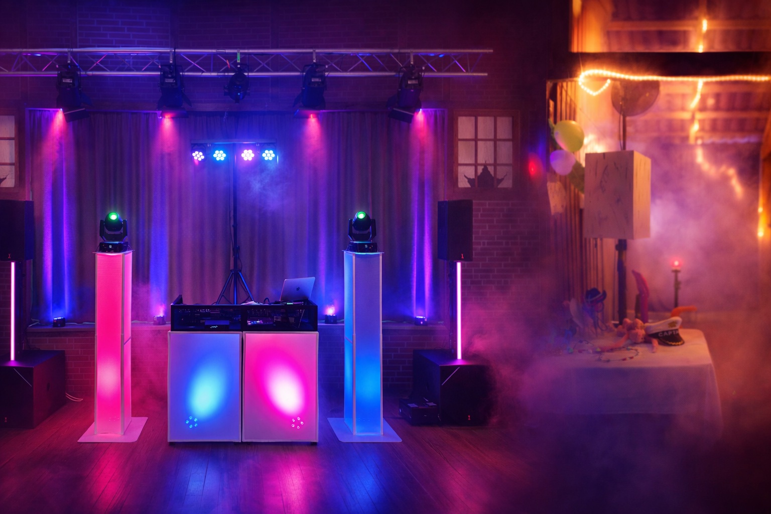 DJ an einem beleuchteten Setup mit Nebel auf einer Veranstaltung
